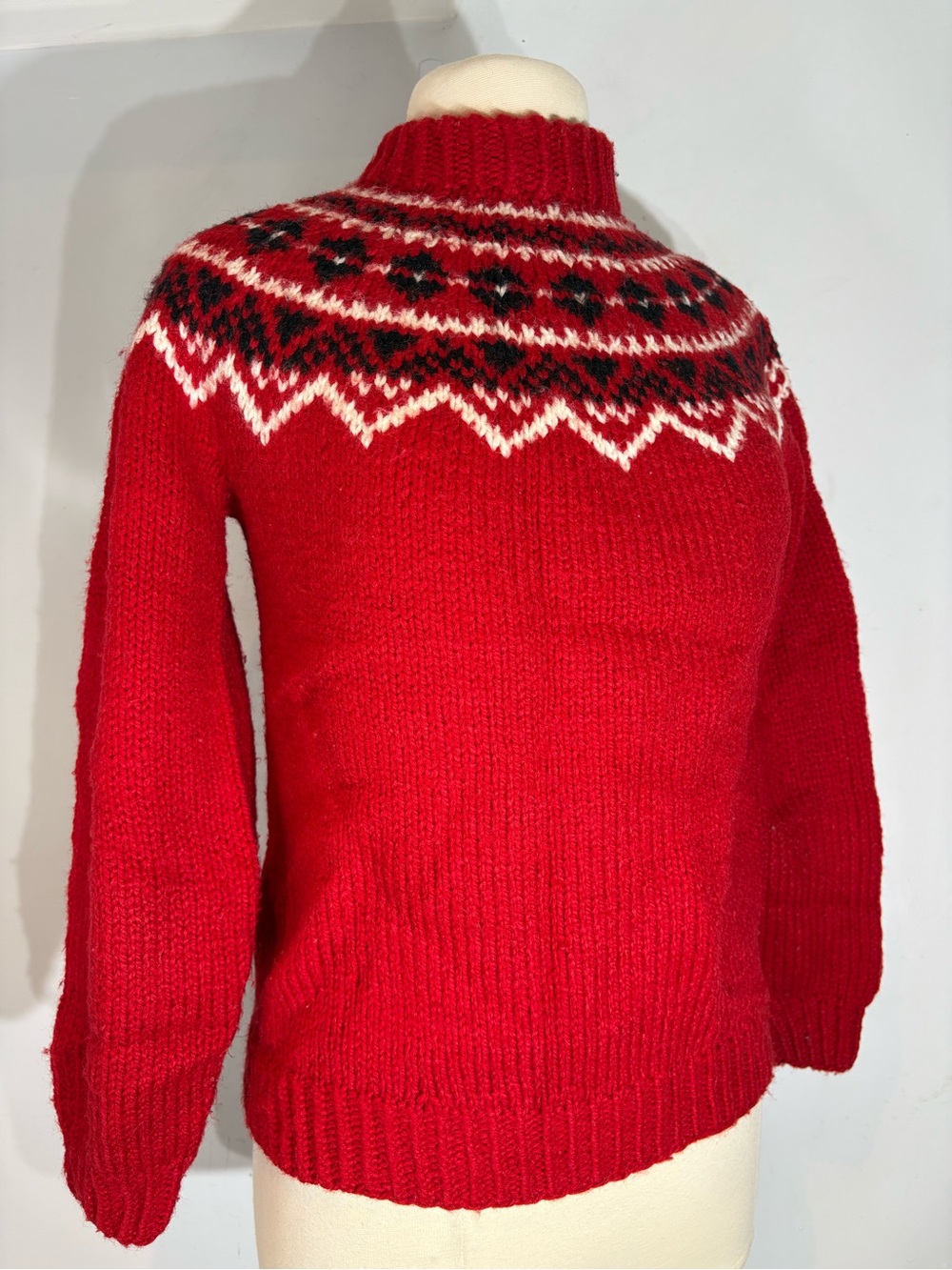 Handmade Wool Blend Nordic Fair Isle Mock Neck Sweater Red Small
